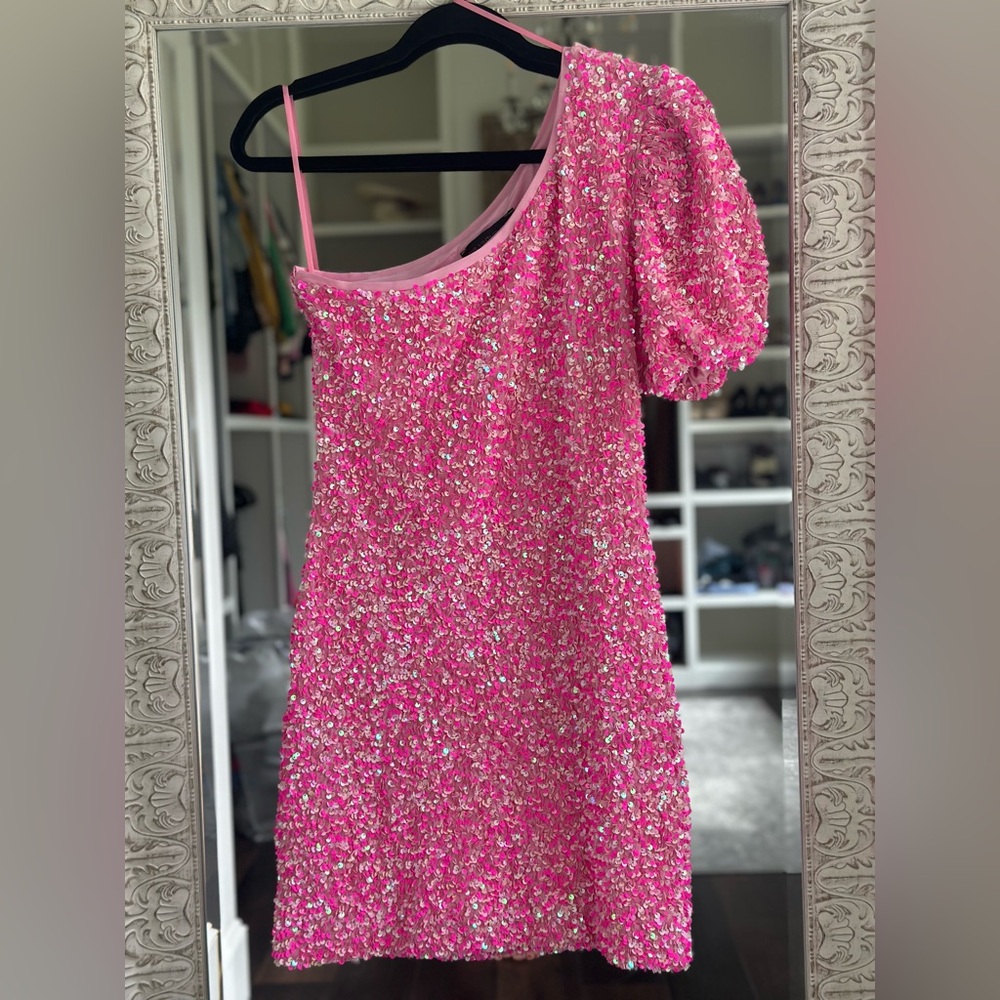 Pink Sequin One-Shoulder Dress